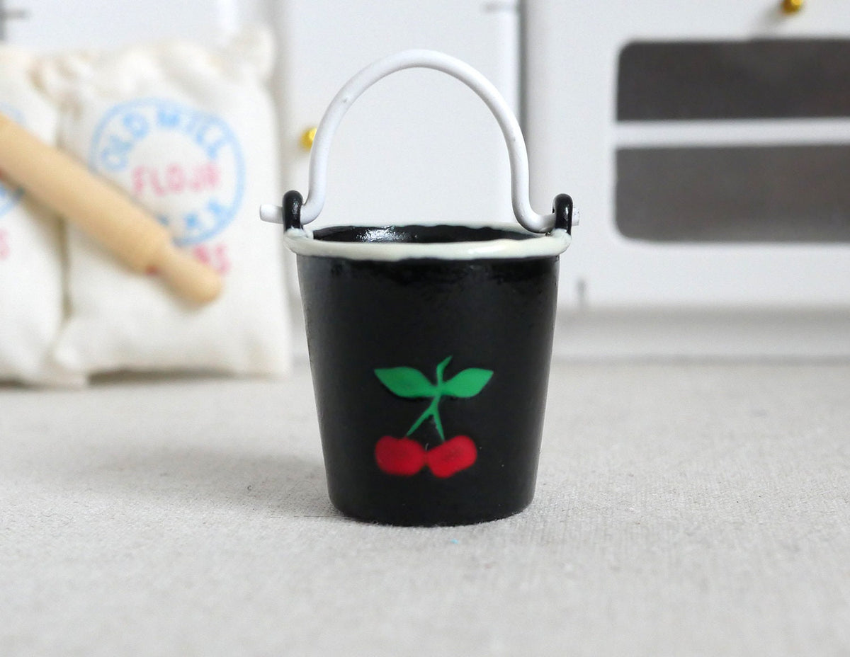 1:12 Scale Miniature Metal Bucket with Cherry Print, 1-11/16 inch tall, DIY Dollhouse Supply (black)