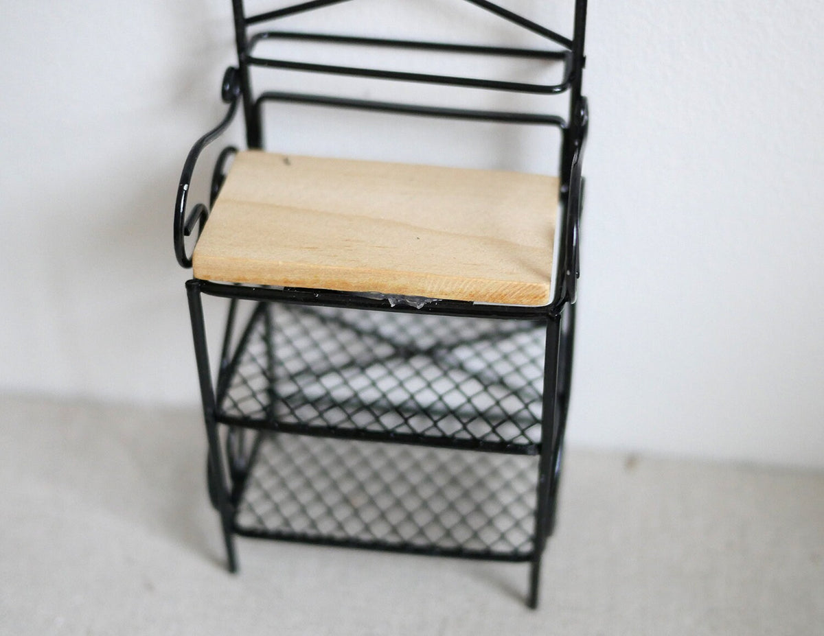 1:12 Scale Miniature Metal Baker's Rack, Arched Top with Hooks, Wood and Wire Shelves, 7-3/16 inch tall, DIY Dollhouse Supply (black)