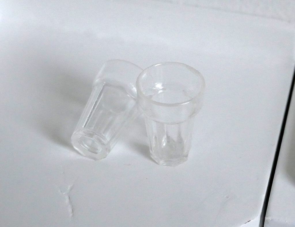 1:12 Scale Miniature Clear Tumbler Glasses, Set of 2, Faceted Base, 3/4 inch tall, DIY Dollhouse Supply