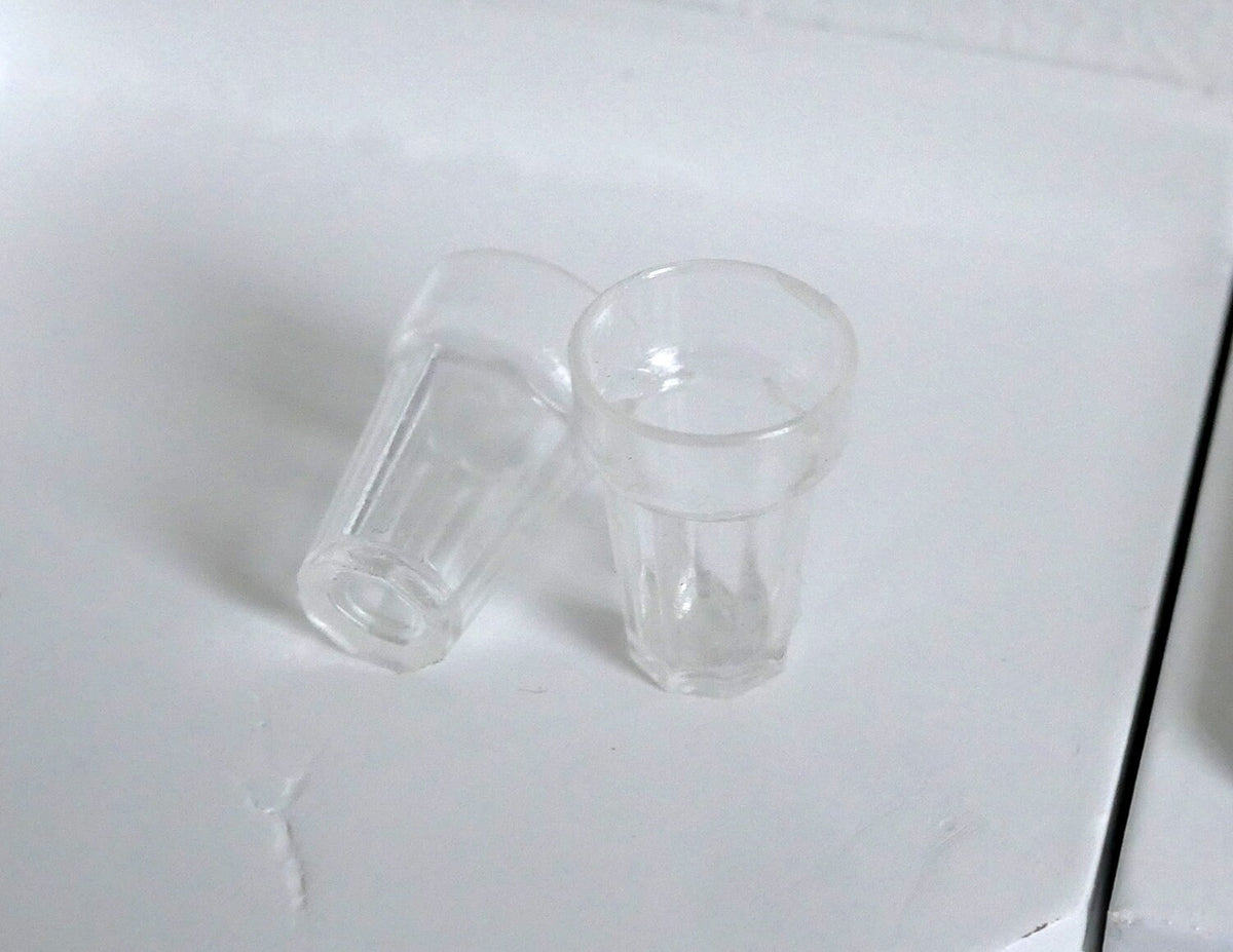 1:12 Scale Miniature Clear Tumbler Glasses, Set of 2, Faceted Base, 3/4 inch tall, DIY Dollhouse Supply