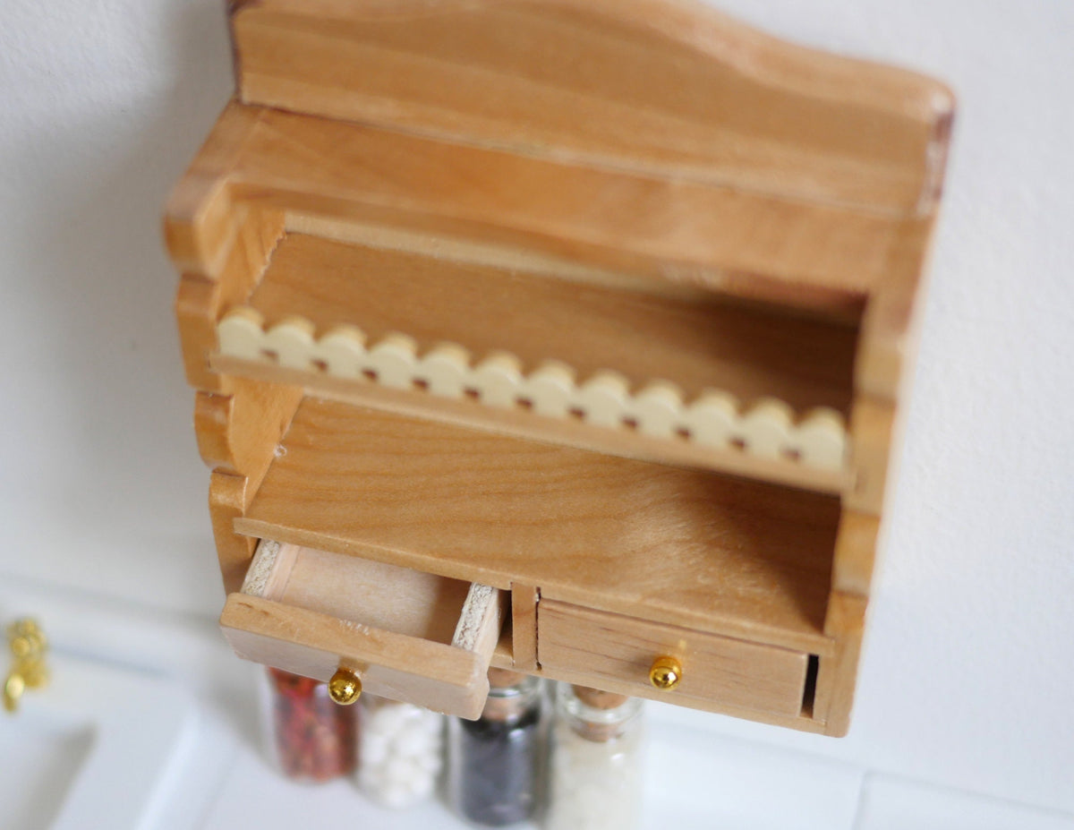 1:12 Scale Miniature Wood Kitchen Wall Shelf, 2 Shelves and 2 Drawers, 3 inch tall, DIY Dollhouse Supply (honey)