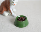 1:12 scale miniature pet food bowl in green filled with brown dry kibble, shown beside a toy cat