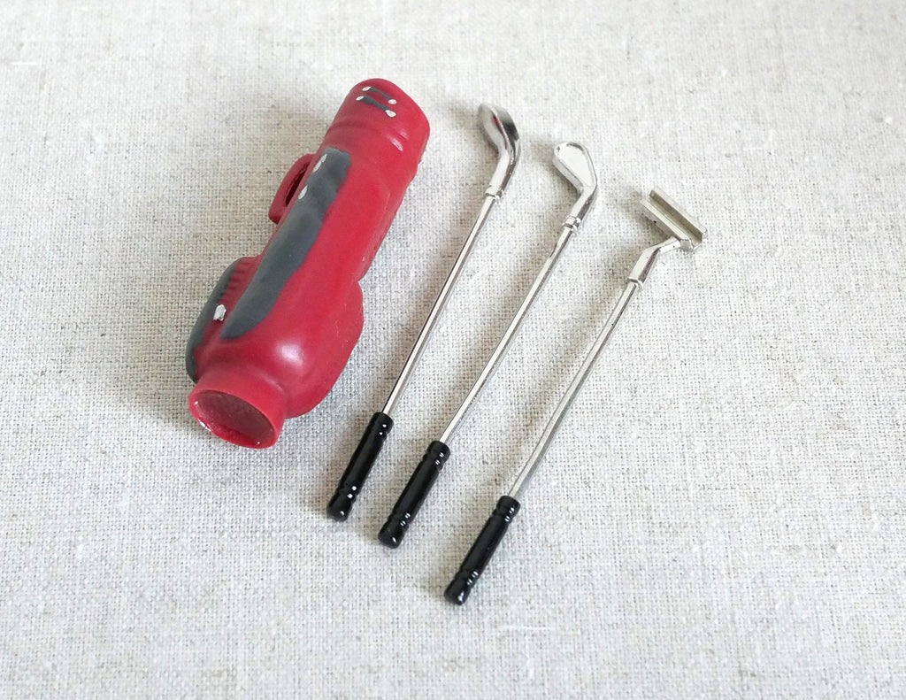 1:12 Scale Miniature Golf Bag with 3 Clubs, Set of 4, 2-7/16 inch tall, DIY Dollhouse Supply (red)