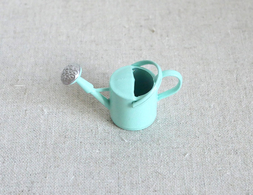 1:12 Scale Miniature Metal Watering Can with Spray Nozzle, 1 inch tall, DIY Dollhouse Supply (mint green)