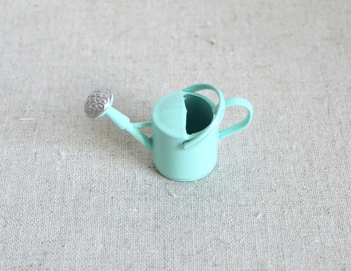 1:12 Scale Miniature Metal Watering Can with Spray Nozzle, 1 inch tall, DIY Dollhouse Supply (mint green)