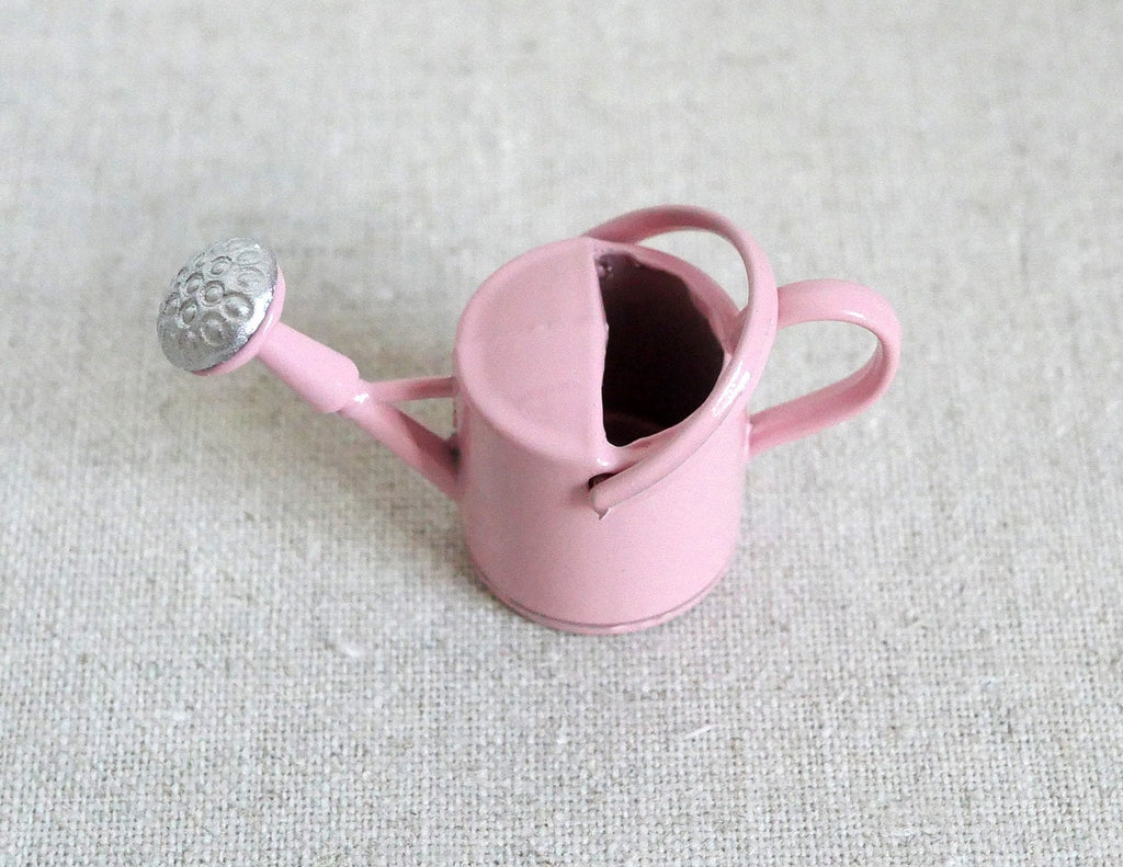 1:12 Scale Miniature Metal Watering Can with Spray Nozzle, 1 inch tall, DIY Dollhouse Supply (pink)