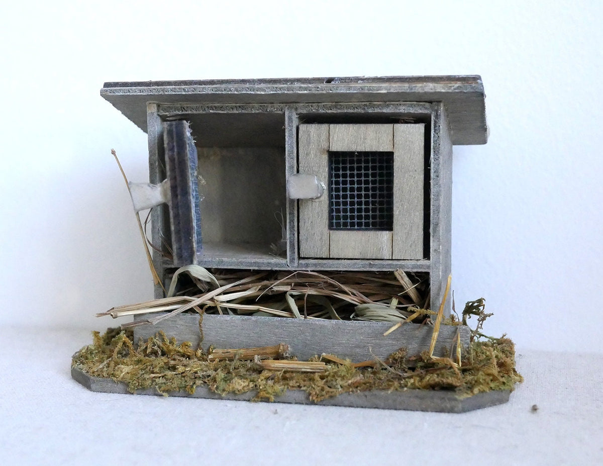 1:12 Scale Miniature Wood Chicken Coop on Straw Base, 3-1/2 inch wide, DIY Dollhouse Supply (weathered gray)