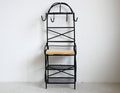 1:12 scale miniature metal baker's rack in black with arched top, hooks, wood shelf and wire shelves