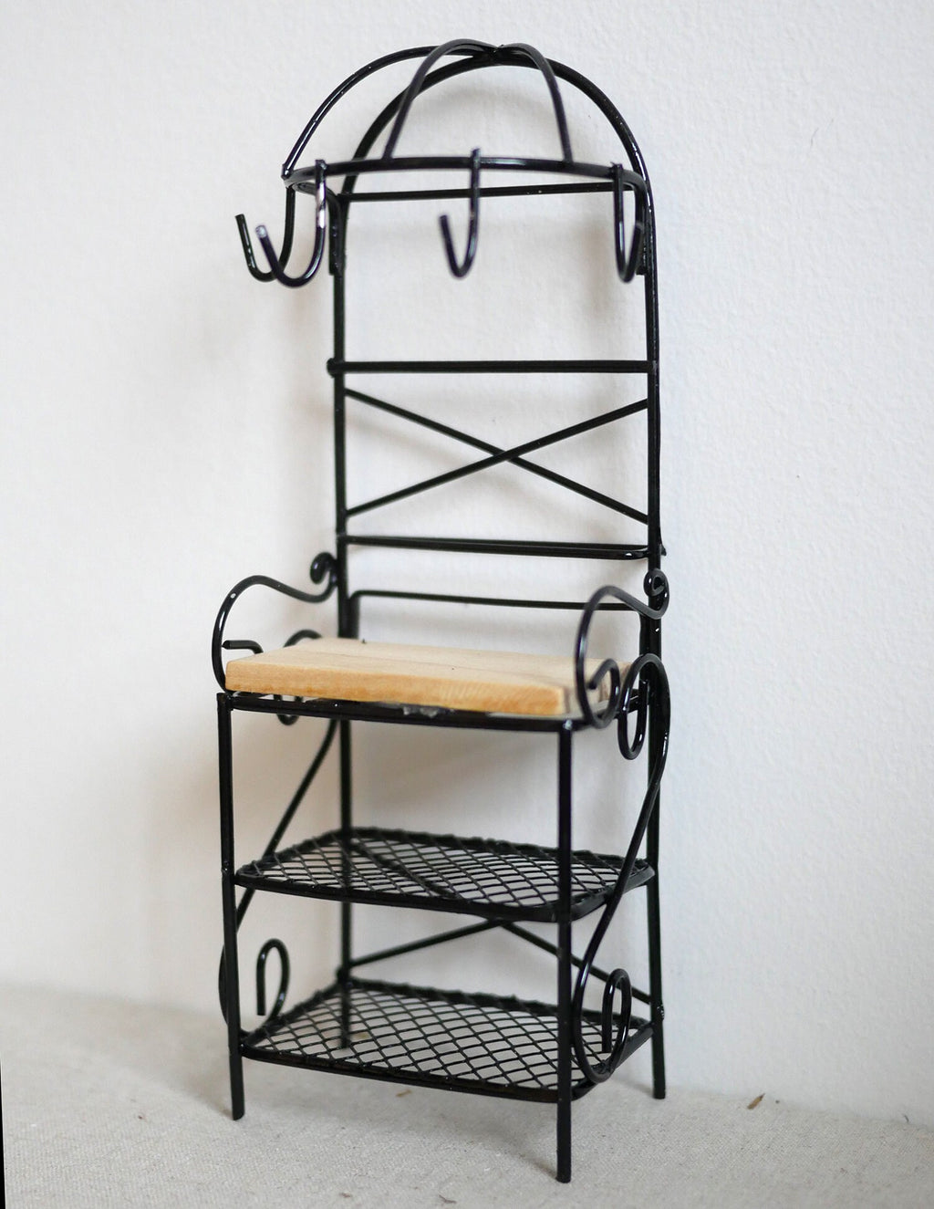 1:12 Scale Miniature Metal Baker's Rack, Arched Top with Hooks, Wood and Wire Shelves, 7-3/16 inch tall, DIY Dollhouse Supply (black)