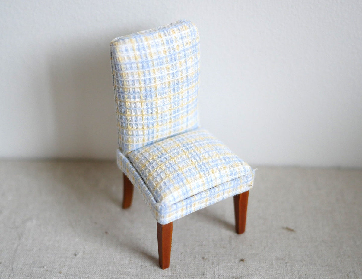 1:12 Scale Miniature Upholstered Parsons Dining Chair, Plaid Fabric, 3-5/8 inch tall, DIY Dollhouse Supply (light blue and white)