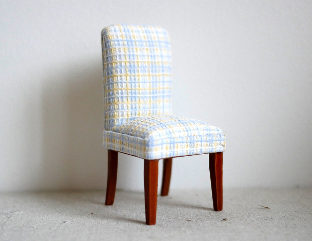 1:12 scale miniature upholstered Parsons dining chair in light blue and white plaid fabric with dark wood legs