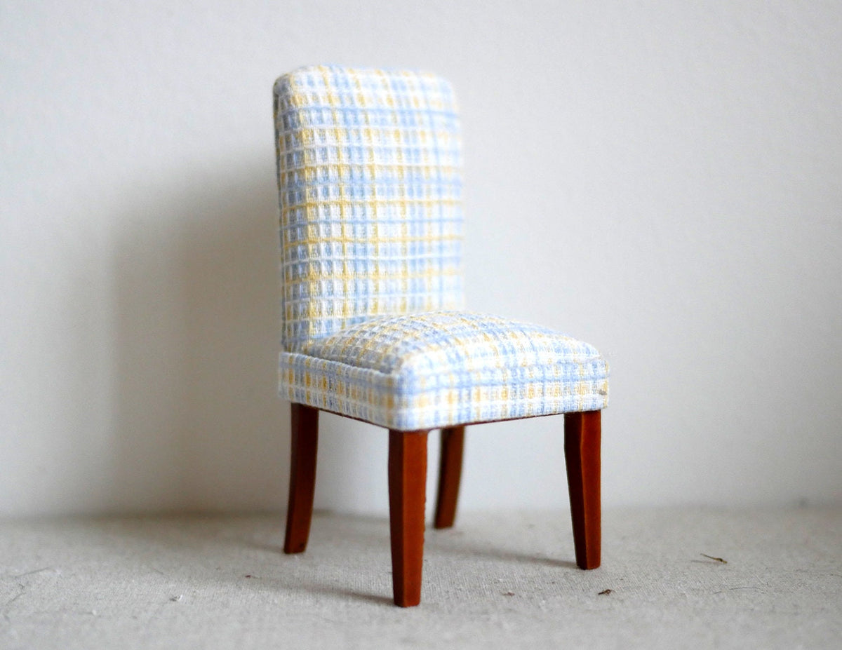 1:12 Scale Miniature Upholstered Parsons Dining Chair, Plaid Fabric, 3-5/8 inch tall, DIY Dollhouse Supply (light blue and white)