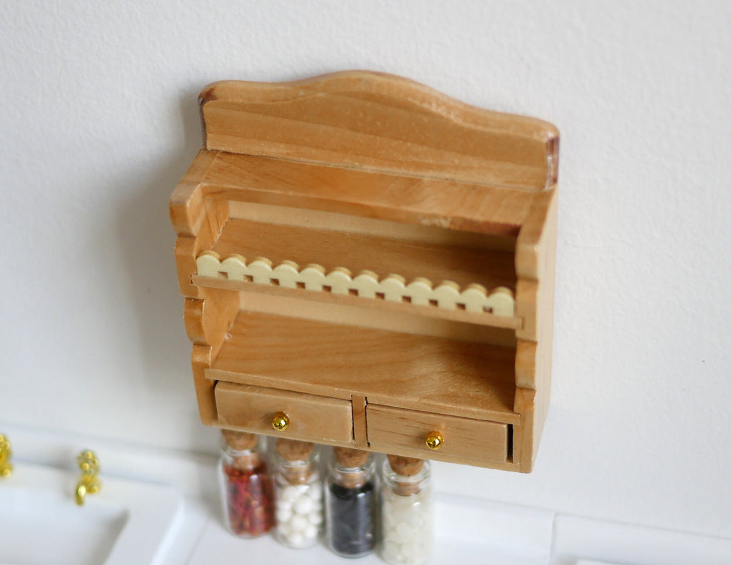 1:12 Scale Miniature Wood Kitchen Wall Shelf, 2 Shelves and 2 Drawers, 3 inch tall, DIY Dollhouse Supply (honey)