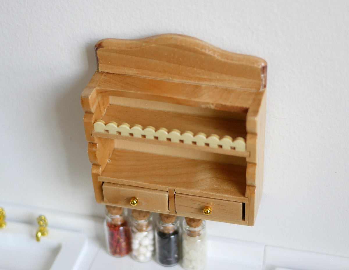 1:12 Scale Miniature Wood Kitchen Wall Shelf, 2 Shelves and 2 Drawers, 3 inch tall, DIY Dollhouse Supply (honey)