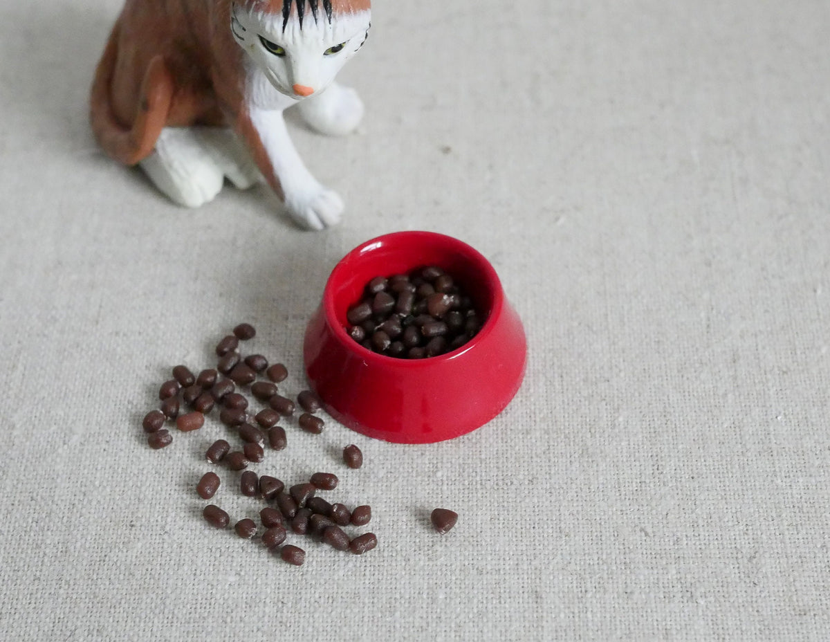 1:12 Scale Miniature Pet Dry Food in Bowl with Loose Kibble, 1 inch wide, DIY Dollhouse Supply (red)