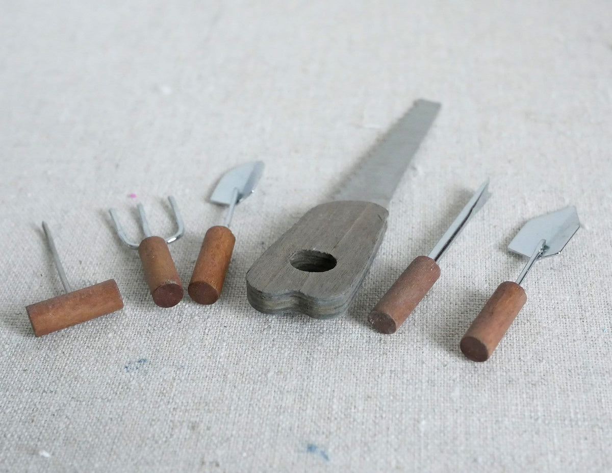 1:12 Scale Miniature Hand Tools with Wood Handles, Set of 7, 2-9/16 inch long, DIY Dollhouse Supply