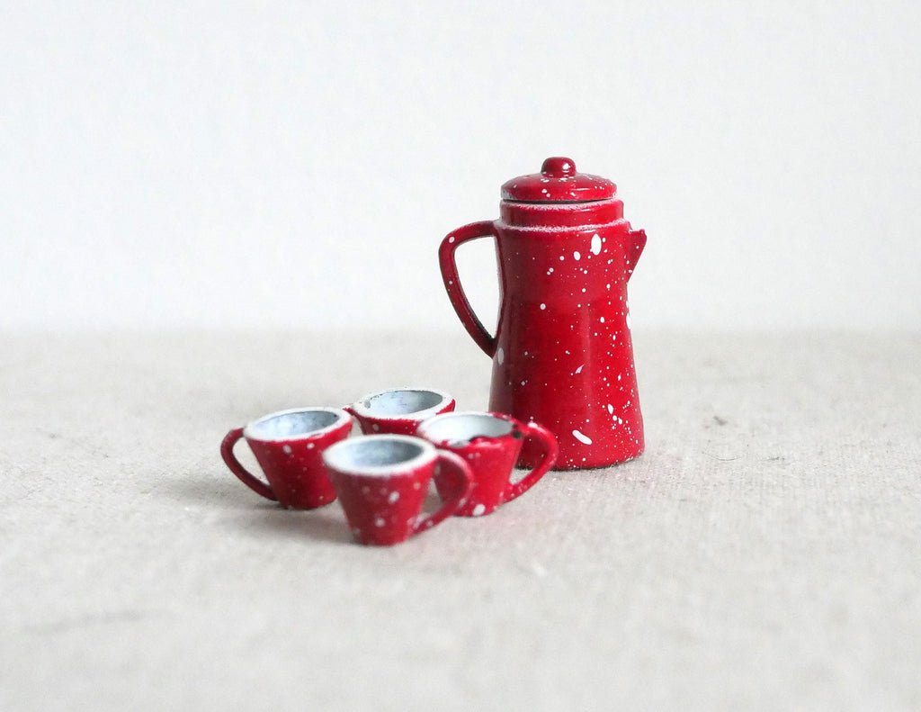1:12 Scale Miniature Enamelware Style Teapot with 4 Cups, Set of 5, 1-1/8 inch tall, DIY Dollhouse Supply (red and white)
