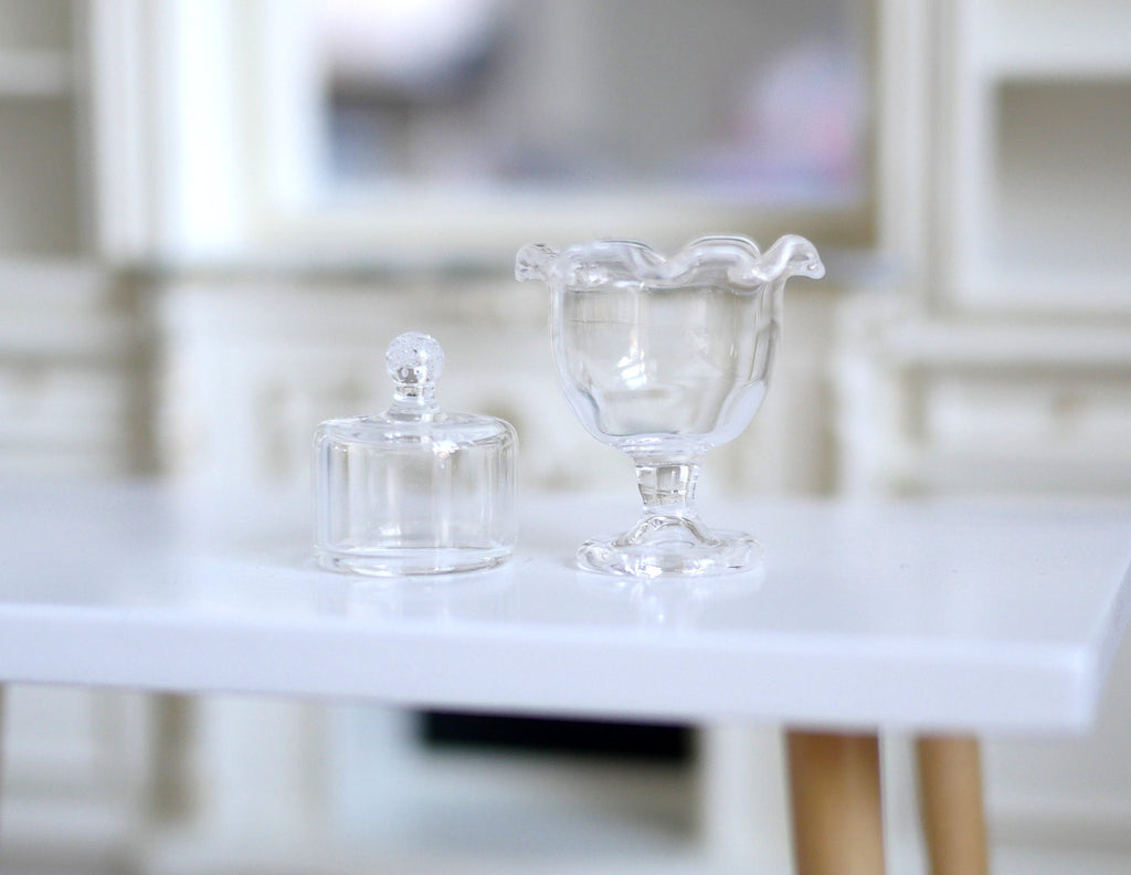 1:12 Scale Miniature Glass Cake Stand with Cover Dome, 1-9/16 inch tall, DIY Dollhouse Supply (A21)