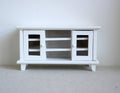 1:12 Scale Miniature Wood TV Stand, 2 Glass Pane Doors, Open Center Shelves, 4-3/4 inch long, DIY Dollhouse Supply (white)