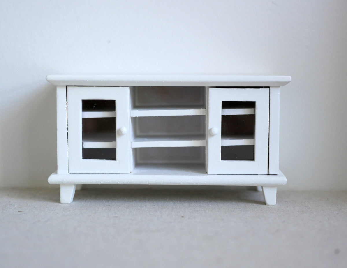 1:12 Scale Miniature Wood TV Stand, 2 Glass Pane Doors, Open Center Shelves, 4-3/4 inch long, DIY Dollhouse Supply (white)