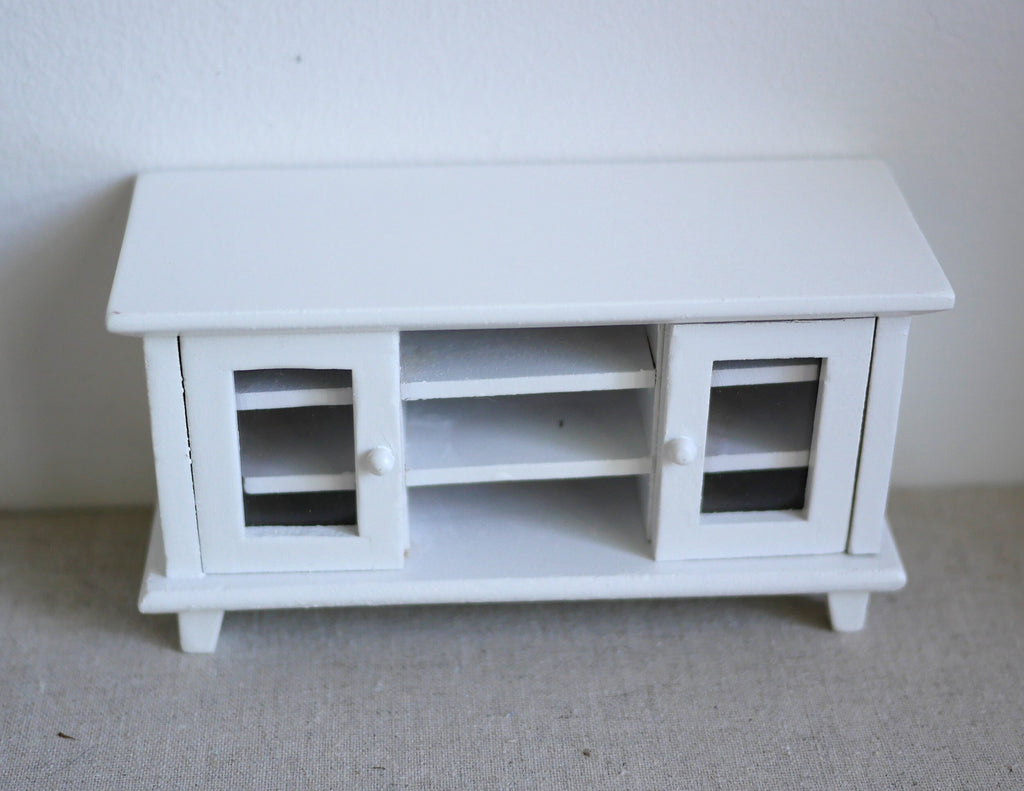 1:12 Scale Miniature Wood TV Stand, 2 Glass Pane Doors, Open Center Shelves, 4-3/4 inch long, DIY Dollhouse Supply (white)