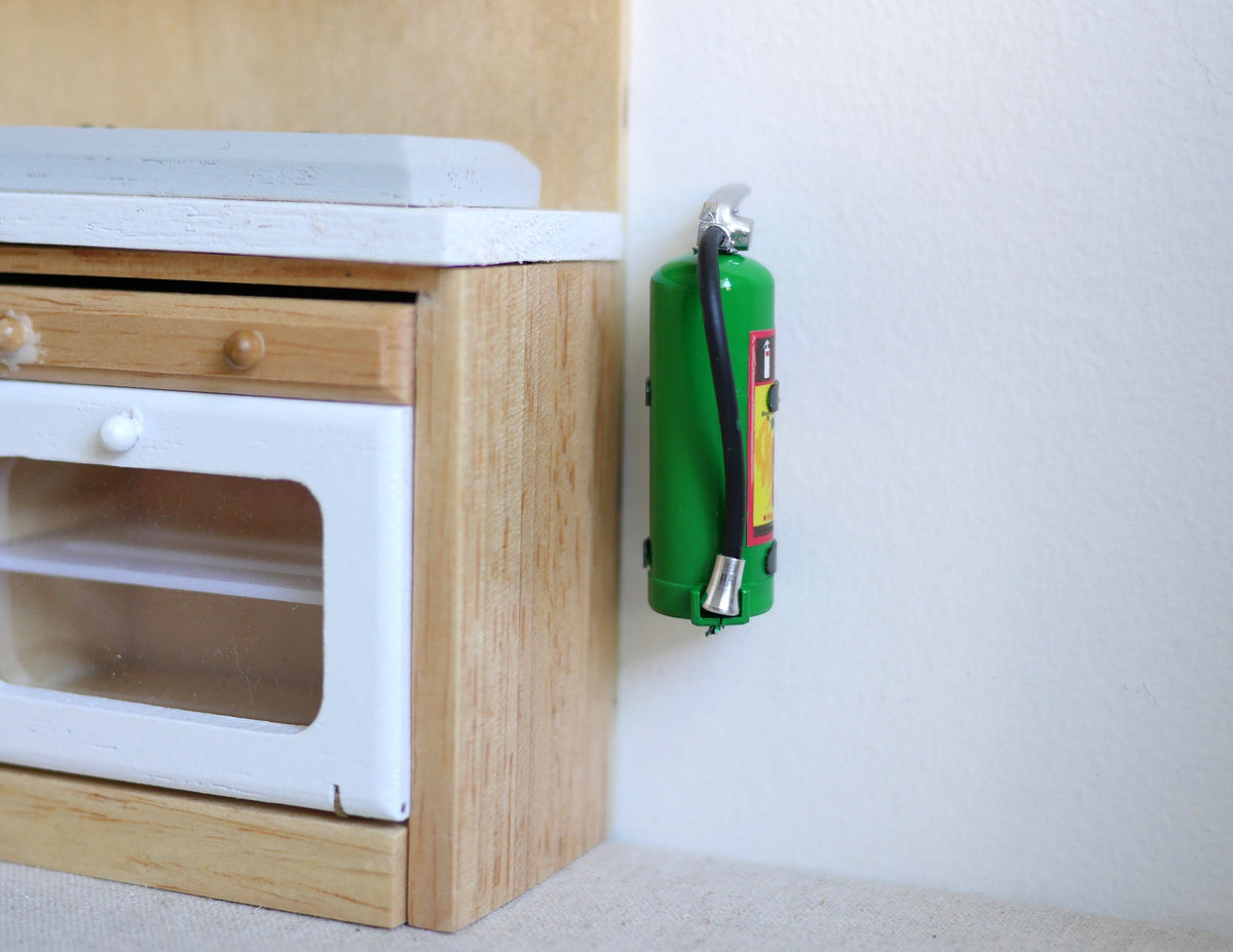 1:12 Scale Miniature Fire Extinguisher with Wall Bracket and Screws, 1-7/8 inch tall, DIY Dollhouse Supply (green)