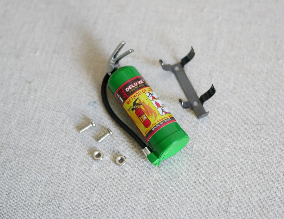 1:12 Scale Miniature Fire Extinguisher with Wall Bracket and Screws, 1-7/8 inch tall, DIY Dollhouse Supply (green)
