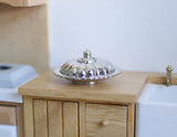 1:12 Dollhouse dining ware miniature 2-piece chromed hollow ware serving tray with dome cover lid - H023