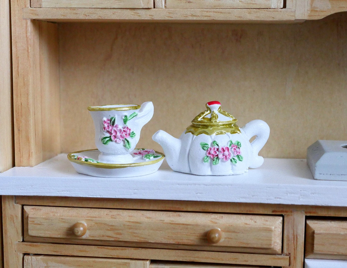 1:6 Scale Miniature Porcelain Teapot with Cup and Saucer, Pink Rose Pattern, 1 inch wide, DIY Dollhouse Supply