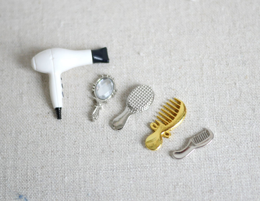 1:12 Scale Miniature Hair Dryer with Gold Mirror, Brush and Silver Comb, Set of 4, 1 inch long, DIY Dollhouse Supply