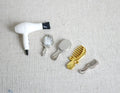 1:12 Scale Miniature Hair Dryer with Gold Mirror, Brush and Silver Comb, Set of 4, 1 inch long, DIY Dollhouse Supply