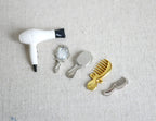 1:12 scale miniature white hair dryer with hand mirror, brush and 2 combs, set of 5, laid on linen