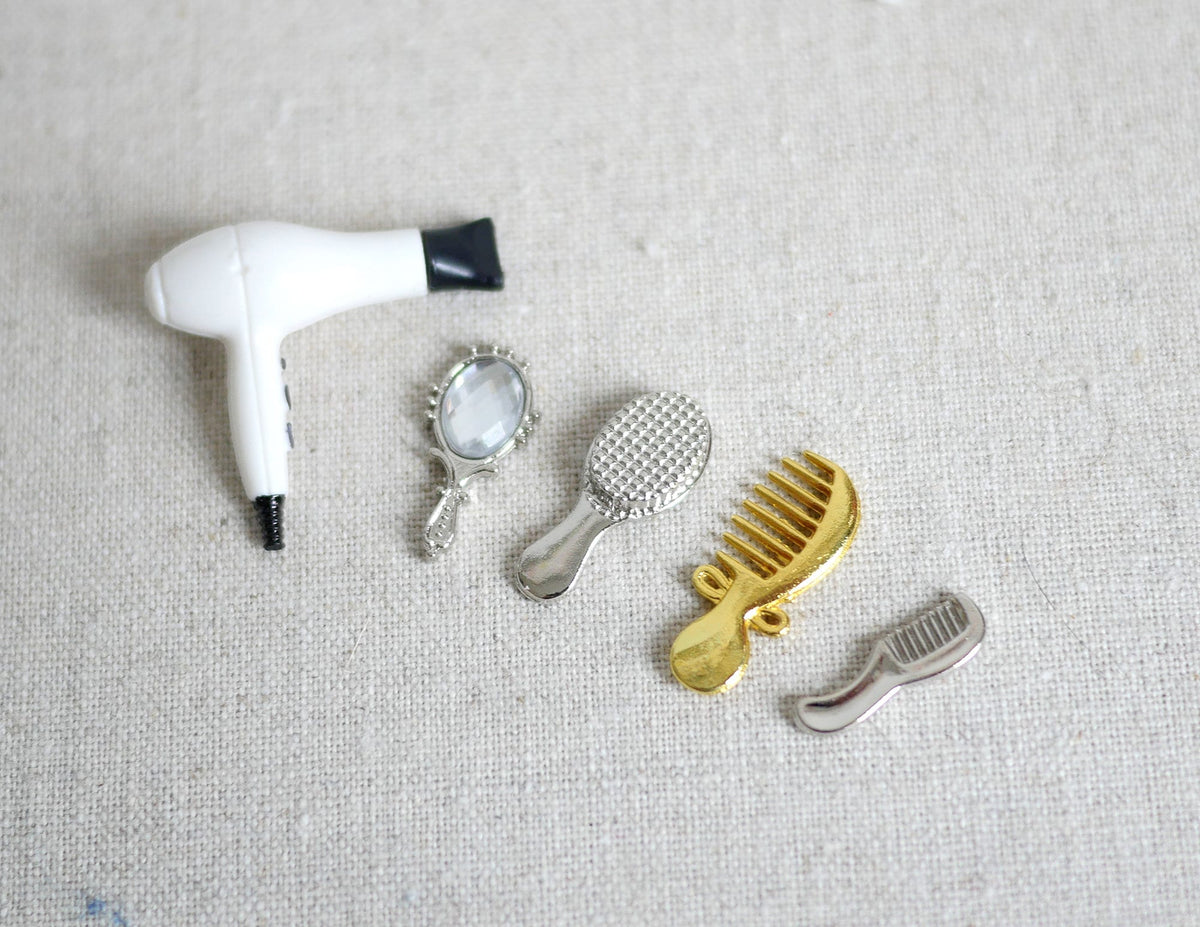 1:12 Scale Miniature Hair Dryer with Gold Mirror, Brush and Silver Comb, Set of 4, 1 inch long, DIY Dollhouse Supply
