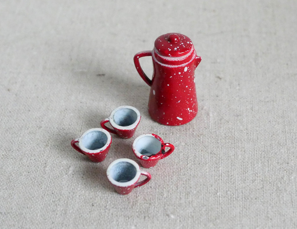 1:12 Scale Miniature Enamelware Style Teapot with 4 Cups, Set of 5, 1-1/8 inch tall, DIY Dollhouse Supply (red and white)