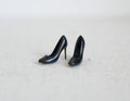 1:12 scale miniature high heel shoes in black, 1 pair, pointed toe stiletto pumps shown on a light surface