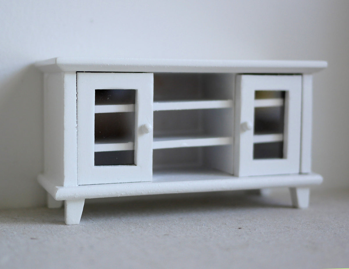 1:12 Scale Miniature Wood TV Stand, 2 Glass Pane Doors, Open Center Shelves, 4-3/4 inch long, DIY Dollhouse Supply (white)