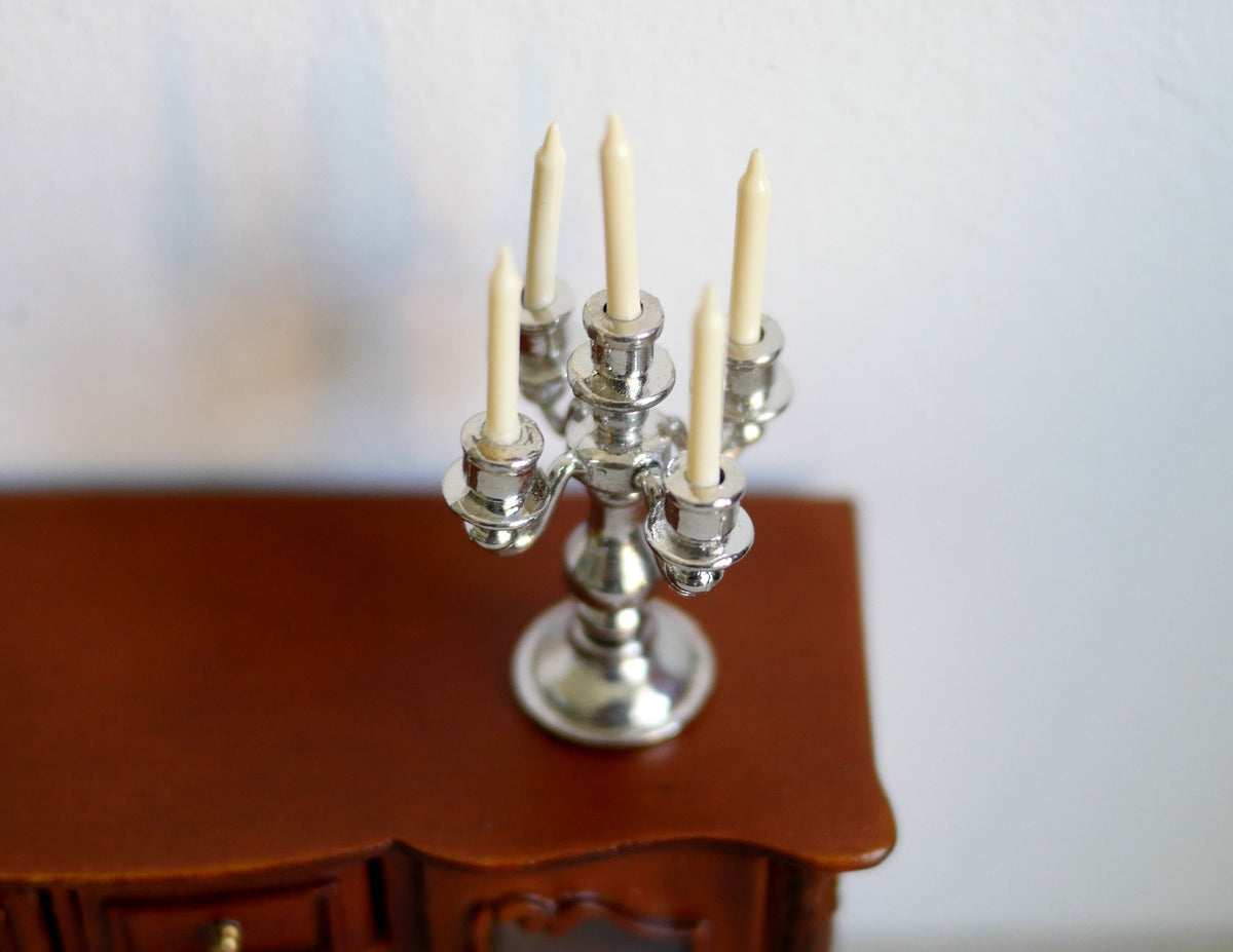 Miniature Candelabra 1:12 Scale Dollhouse Metal Candle Holder 2-3/8 inch tall (silver) - C082