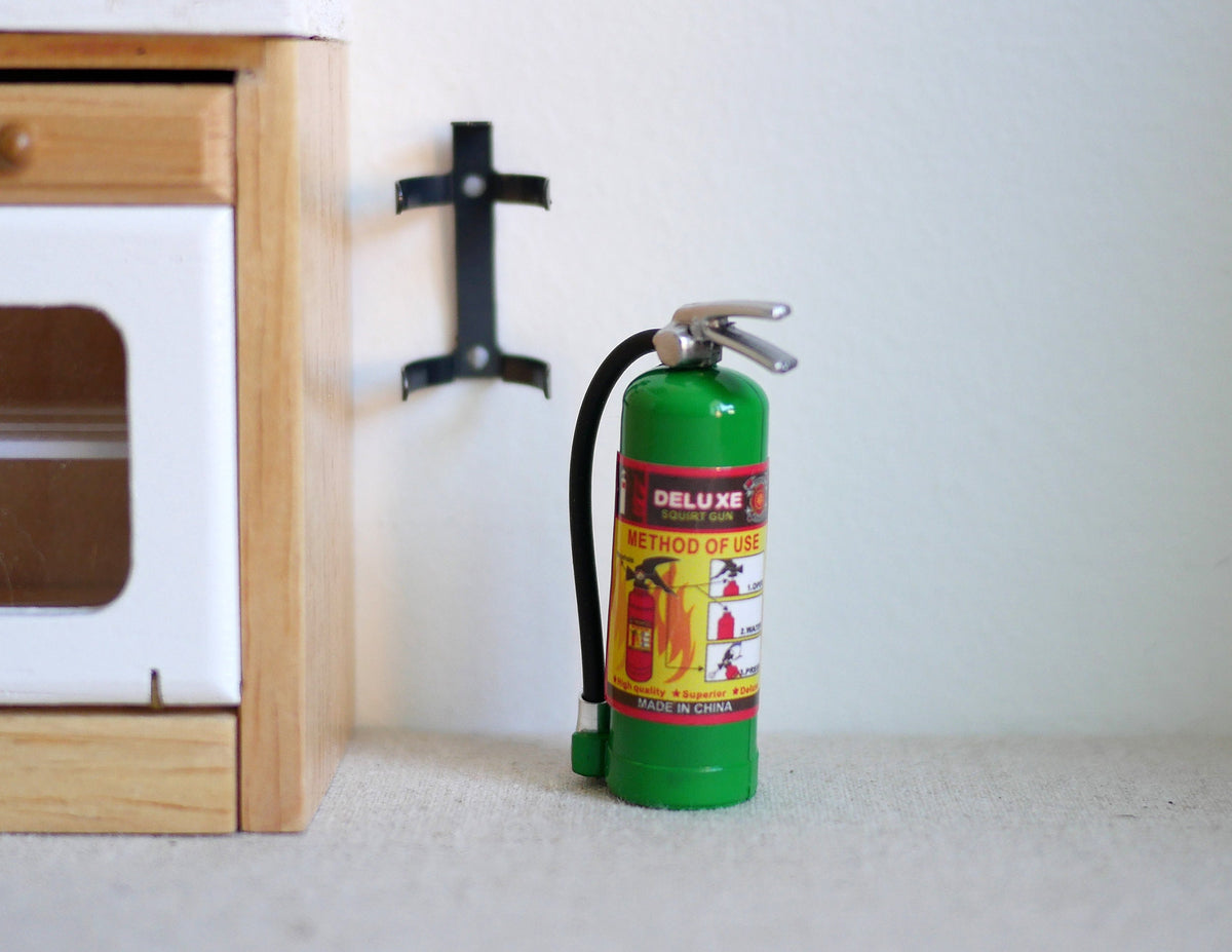1:12 Scale Miniature Fire Extinguisher with Wall Bracket and Screws, 1-7/8 inch tall, DIY Dollhouse Supply (green)