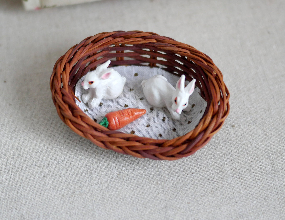 1:12 Scale Miniature White Bunnies in Rattan Bed with Carrot, 2-1/2 inch long, DIY Dollhouse Supply