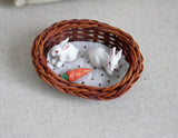 Miniature Bunnies in Rattan Bed 1:12 Scale Rabbits and Carrot in Bed - C063