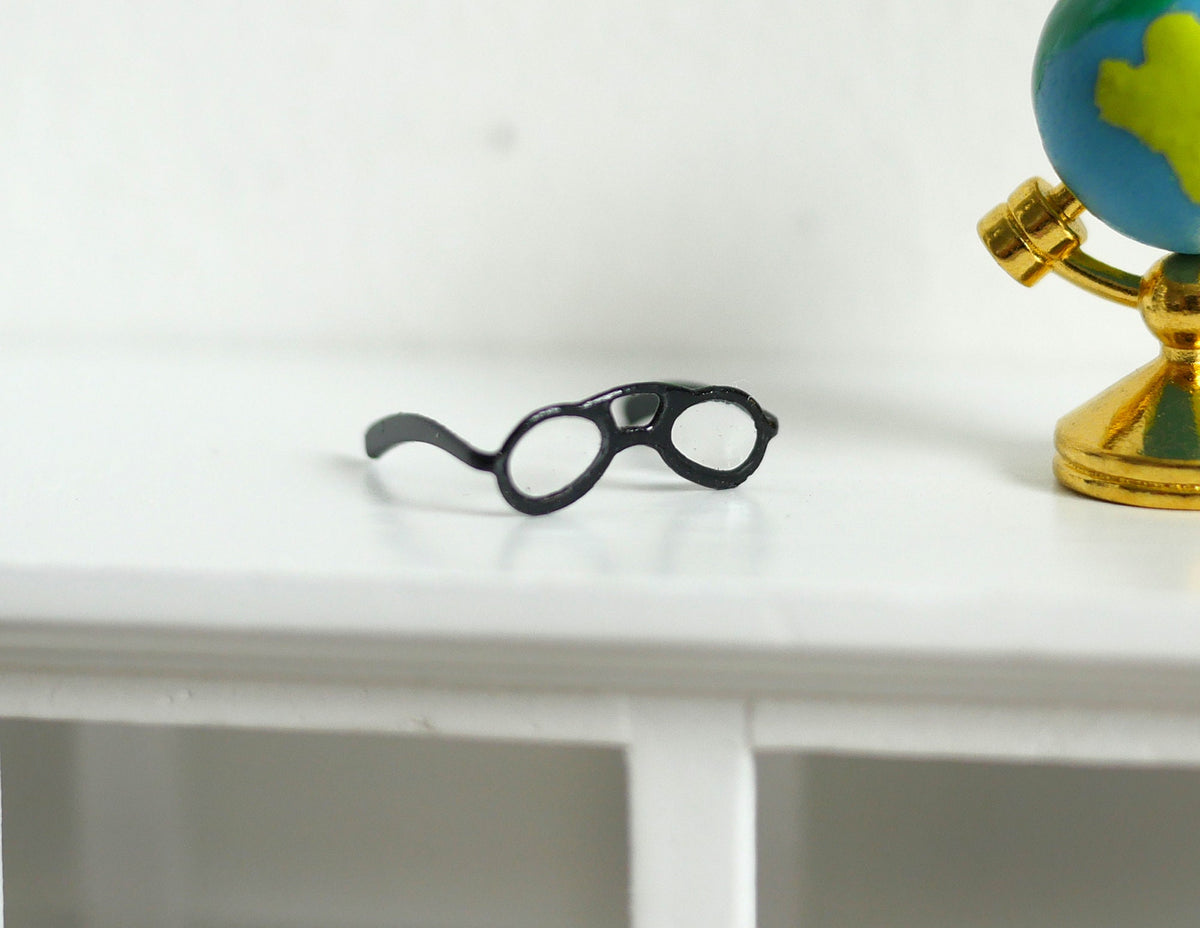 1:12 Scale Miniature Metal Eyeglasses, 9/16 inch wide, DIY Dollhouse Supply (black)