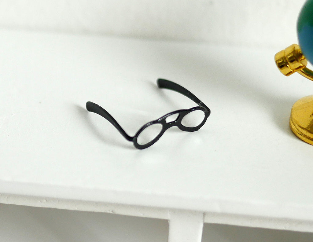 1:12 Scale Miniature Metal Eyeglasses, 9/16 inch wide, DIY Dollhouse Supply (black)