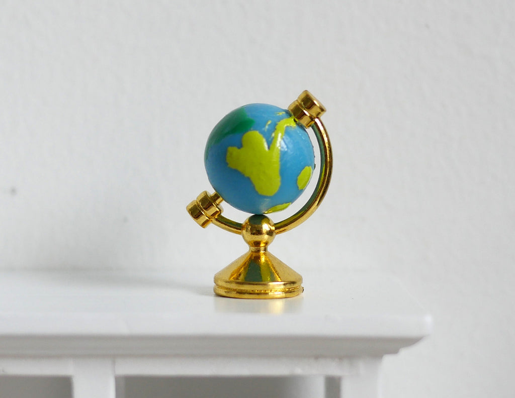 1:12 Scale Miniature World Globe on Gold Metal Stand, Round Base, 1-1/8 inch tall, DIY Dollhouse Supply