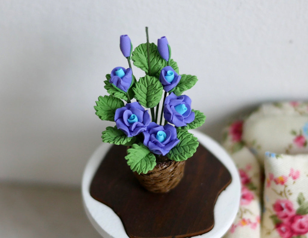 1:12 Scale Miniature Potted Silk Flowers in Woven Basket Pot, 2-3/16 inch tall, DIY Dollhouse Supply (blue and purple)