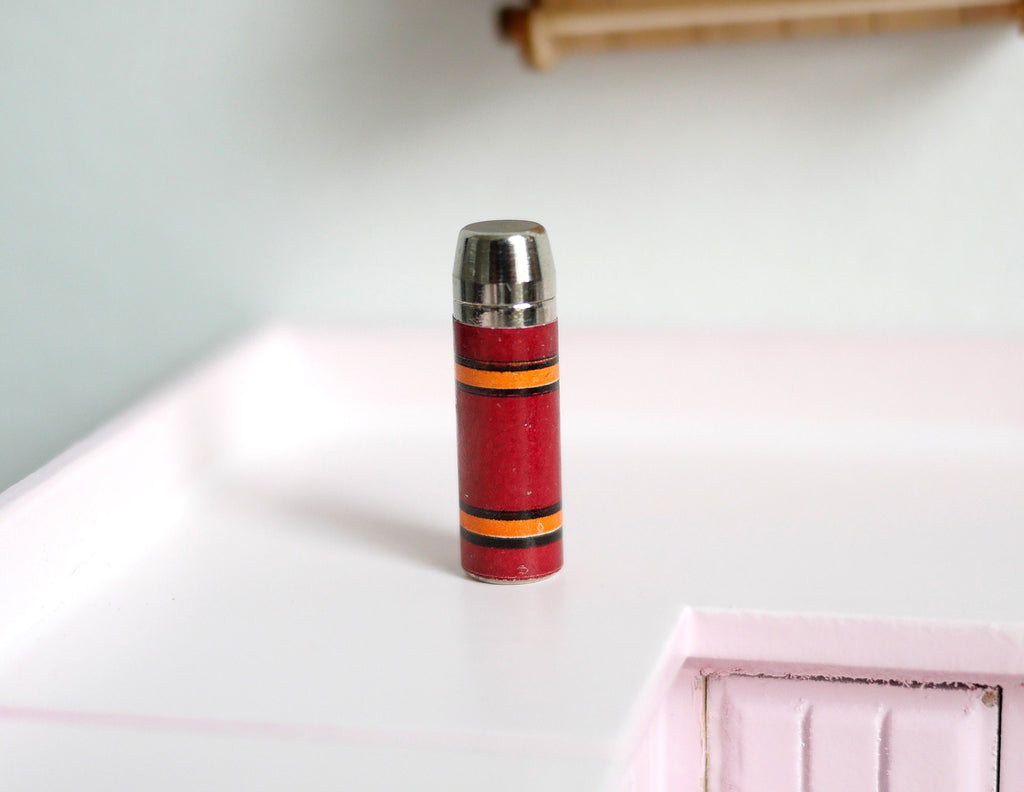 1:12 Scale Miniature Metal Thermos Bottle with Cup Lid, Gold Bands, 1 inch tall, DIY Dollhouse Supply (red)