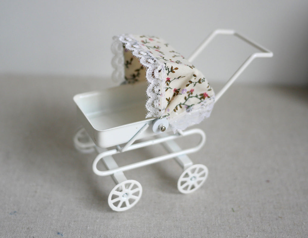 1:12 Scale Miniature Metal Baby Pram with Floral Tilt Hood, 3-3/8 inch tall, DIY Dollhouse Supply (white)