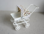 1:12 Scale Miniature Metal Baby Pram with Floral Tilt Hood, 3-3/8 inch tall, DIY Dollhouse Supply (white)