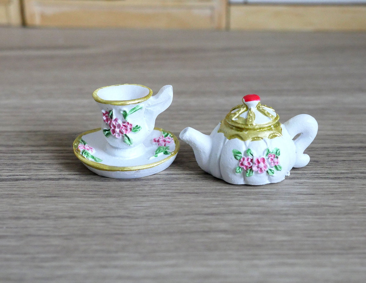 1:6 Scale Miniature Porcelain Teapot with Cup and Saucer, Pink Rose Pattern, 1 inch wide, DIY Dollhouse Supply
