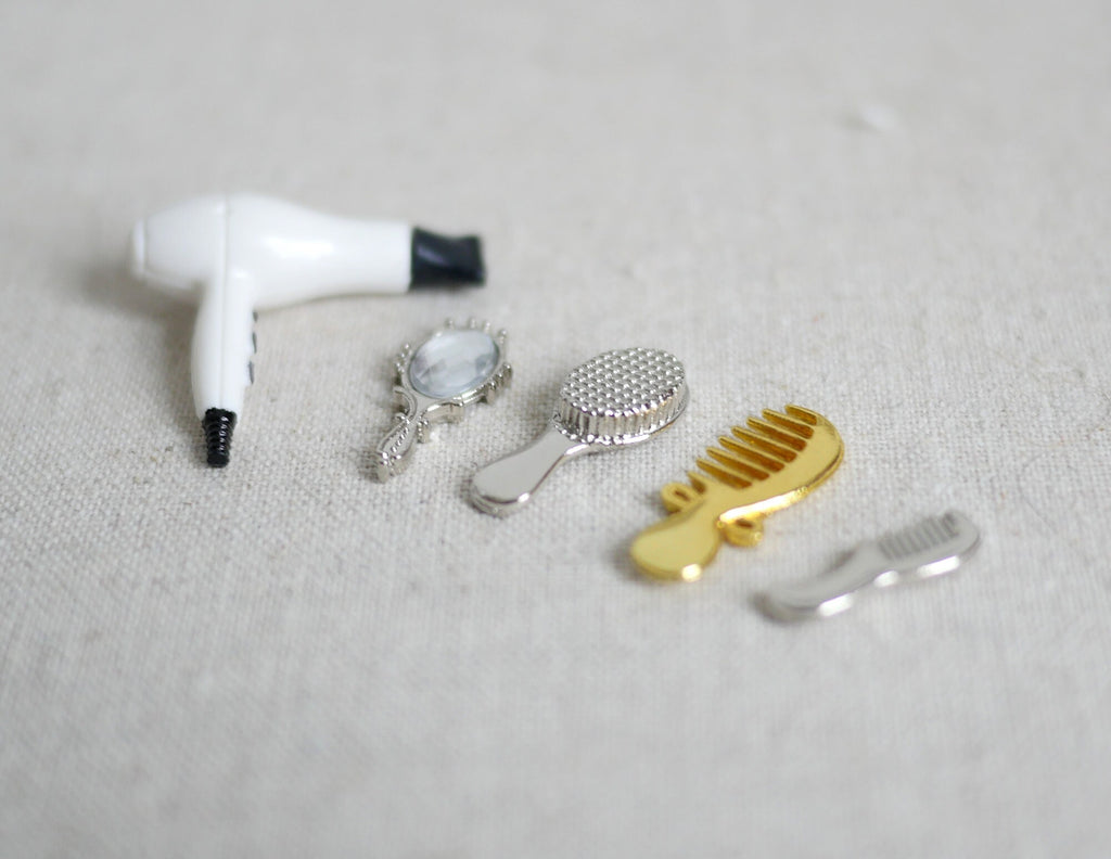1:12 Scale Miniature Hair Dryer with Gold Mirror, Brush and Silver Comb, Set of 4, 1 inch long, DIY Dollhouse Supply