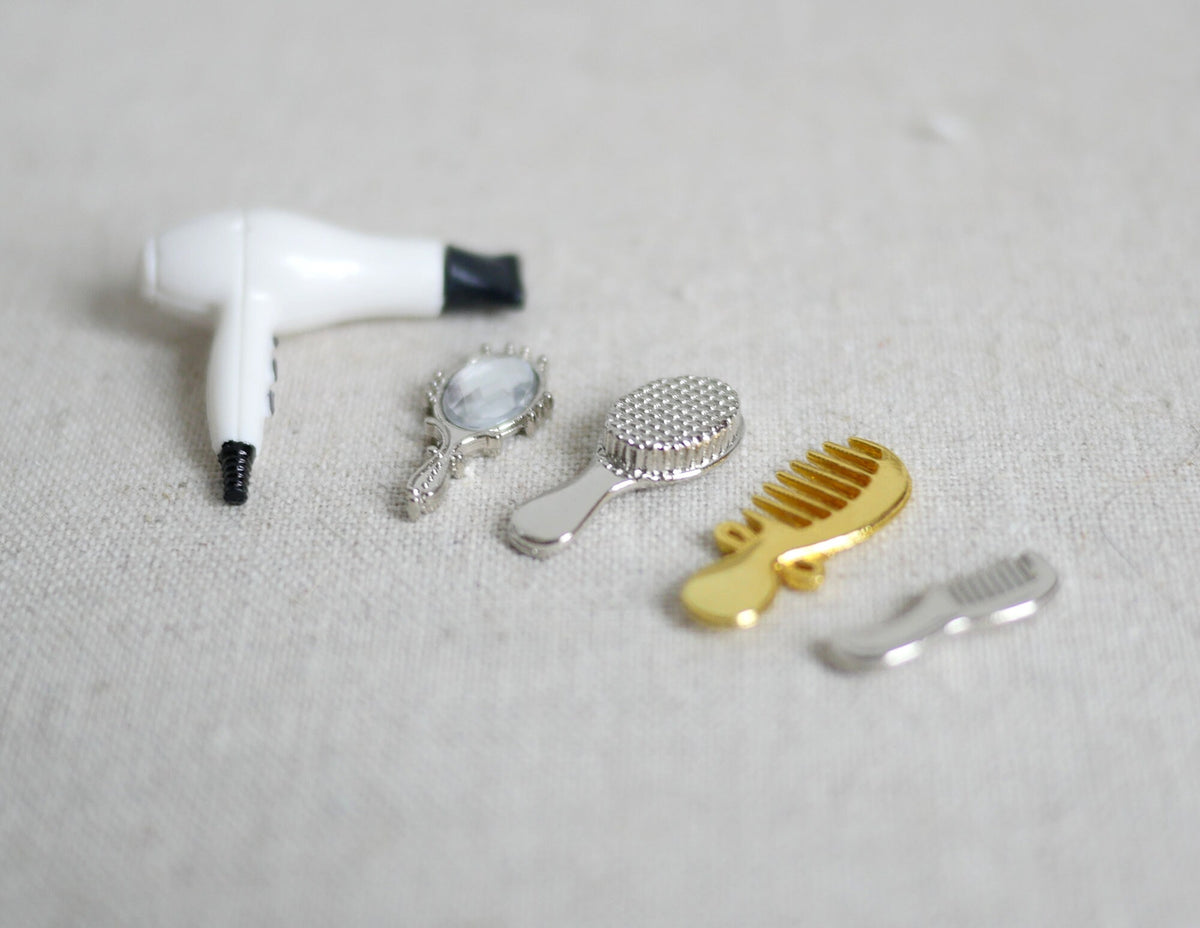 1:12 Scale Miniature Hair Dryer with Gold Mirror, Brush and Silver Comb, Set of 4, 1 inch long, DIY Dollhouse Supply